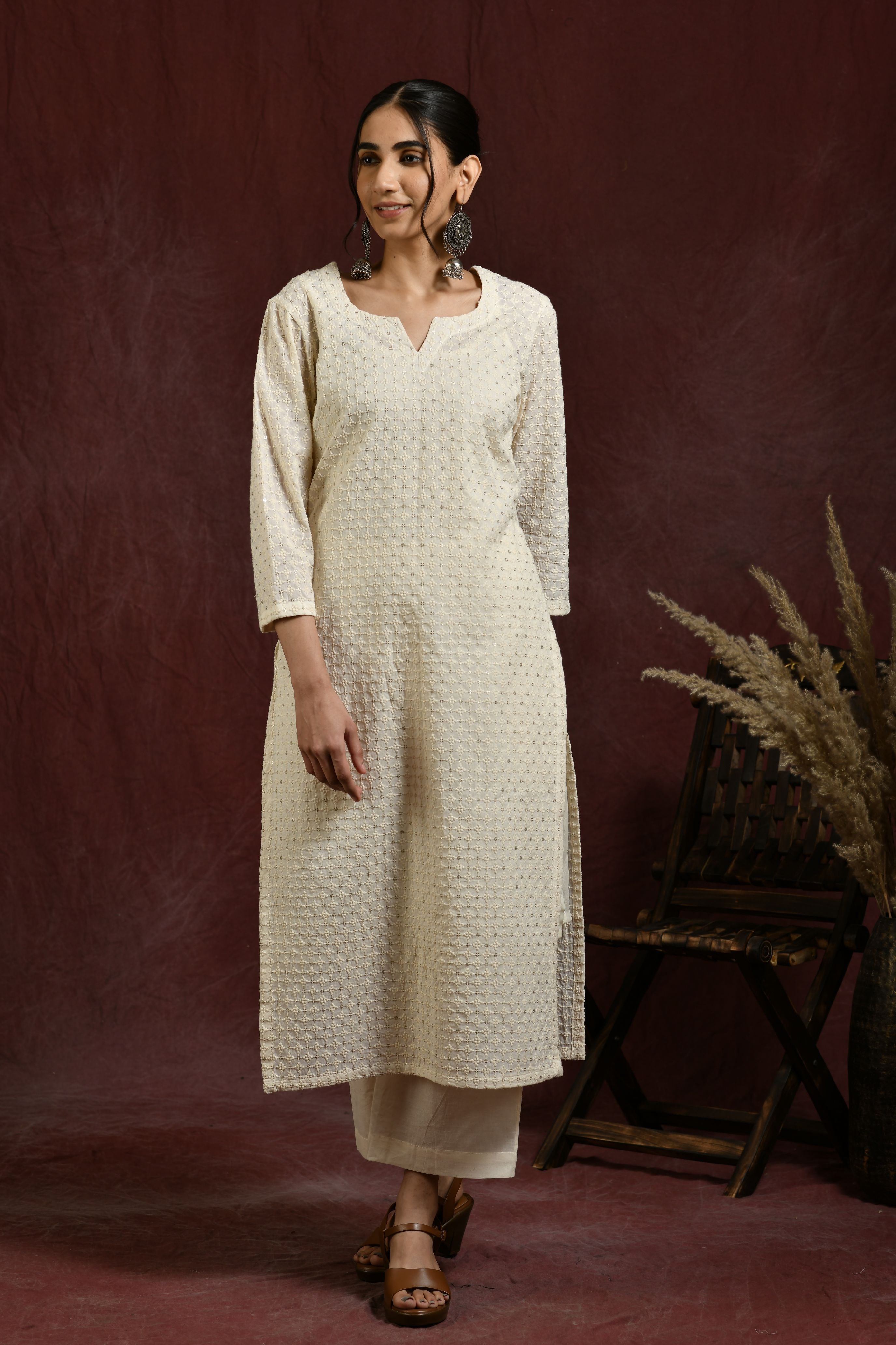 White and golden self embroidered kurta and pant set