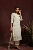 White and multi flower embroidered kurta and pant set