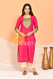 Magenta embroidered border cotton kurta and pant set