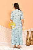 Sky blue embroidered flared a-line cotton kurta and pant set