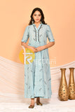 Sky blue embroidered flared a-line cotton kurta and pant set