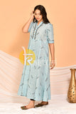 Sky blue embroidered flared a-line cotton kurta and pant set