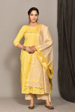 Yellow katan silk chanderi kurta pant set with dupatta