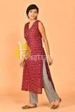 Mehroon and grey sambalpuri print cotton kurta with pant set