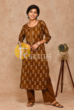 Brown floral print cotton kurta with pant set