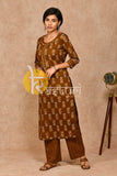 Brown floral print cotton kurta with pant set