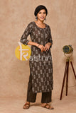 Chocolate brown floral print cotton kurta with pant set