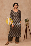 Chocolate brown floral print cotton kurta with pant set