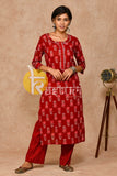 Maroon floral print cotton kurta with pant set