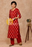 Maroon floral print cotton kurta with pant set