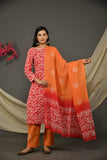 Red cotton jaipuri printed kurta with orange pant and shaded printed dupatta