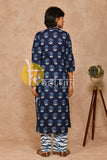 Navy blue lotus print cotton kurta with pant set