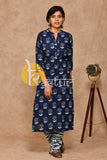 Navy blue lotus print cotton kurta with pant set