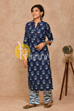 Navy blue lotus print cotton kurta with pant set