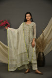 Mint green chanderi jaipuri printed kurta pant set and dupatta