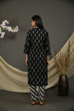 Black cotton jaipuri butti print kurta pant with printed dupatta.