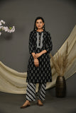 Black cotton jaipuri butti print kurta pant with printed dupatta.