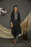 Black cotton jaipuri butti print kurta pant with printed dupatta.