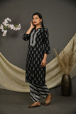 Black cotton jaipuri butti print kurta pant with printed dupatta.