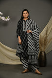 Black cotton jaipuri butti print kurta pant with printed dupatta.