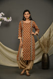 Rusted brown cotton jaipuri printed kurta with beige printed pants and dupatta.