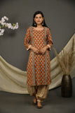 Rusted brown cotton jaipuri printed kurta with beige printed pants and dupatta.