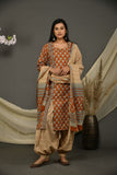 Rusted brown cotton jaipuri printed kurta with beige printed pants and dupatta.