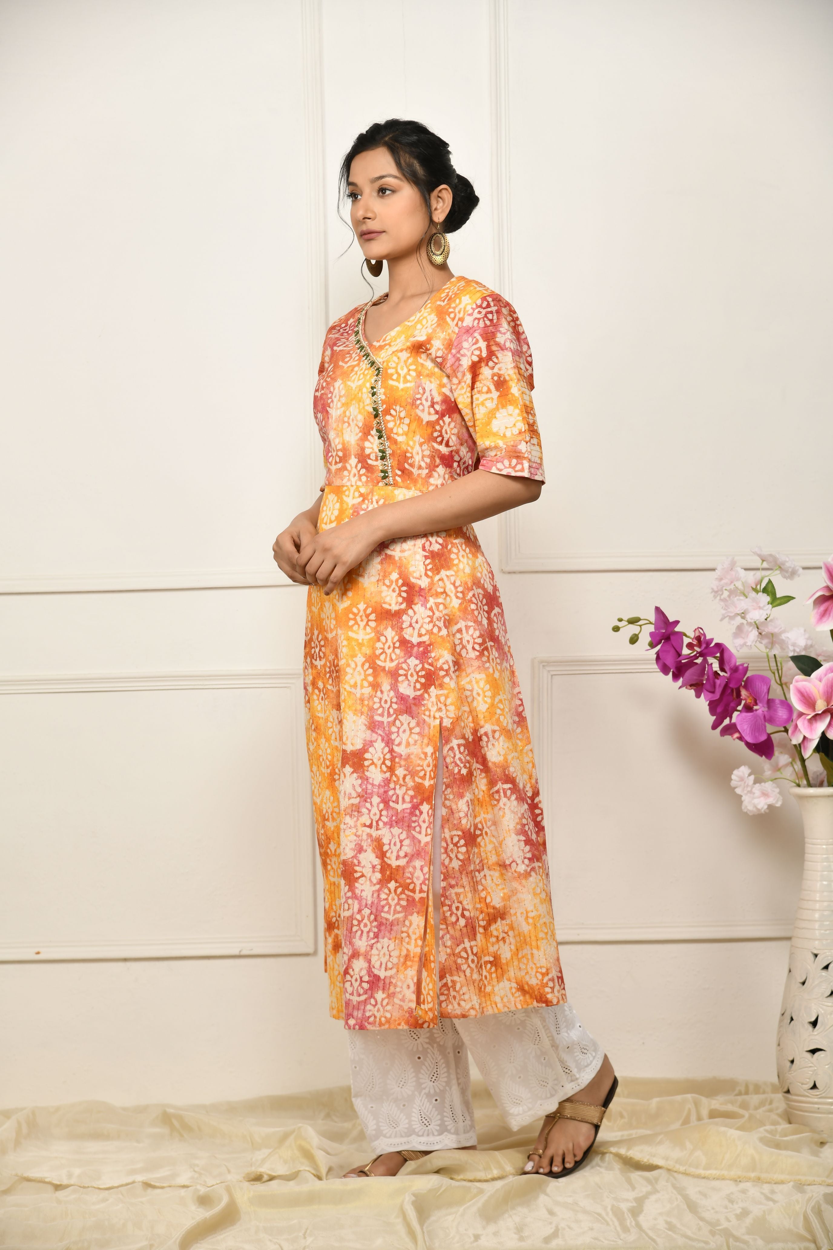 Orange cotton tie-dye batik print kurta pant set