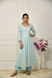  blue georgette gota patti embroideredâ  flared anarkali with bottom and net dupatta.