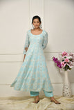  blue georgette gota patti embroideredâ  flared anarkali with bottom and net dupatta.