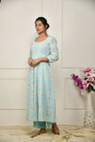  blue georgette gota patti embroideredâ  flared anarkali with bottom and net dupatta.