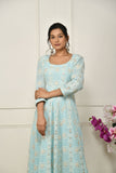  blue georgette gota patti embroideredâ  flared anarkali with bottom and net dupatta.