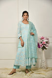  blue georgette gota patti embroideredâ  flared anarkali with bottom and net dupatta.