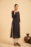 Navy blue pure cotton  pochampally  ikkat weave kurta with  conrast bottom  and dupatta