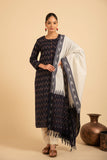 Navy blue pure cotton  pochampally  ikkat weave kurta with  conrast bottom  and dupatta