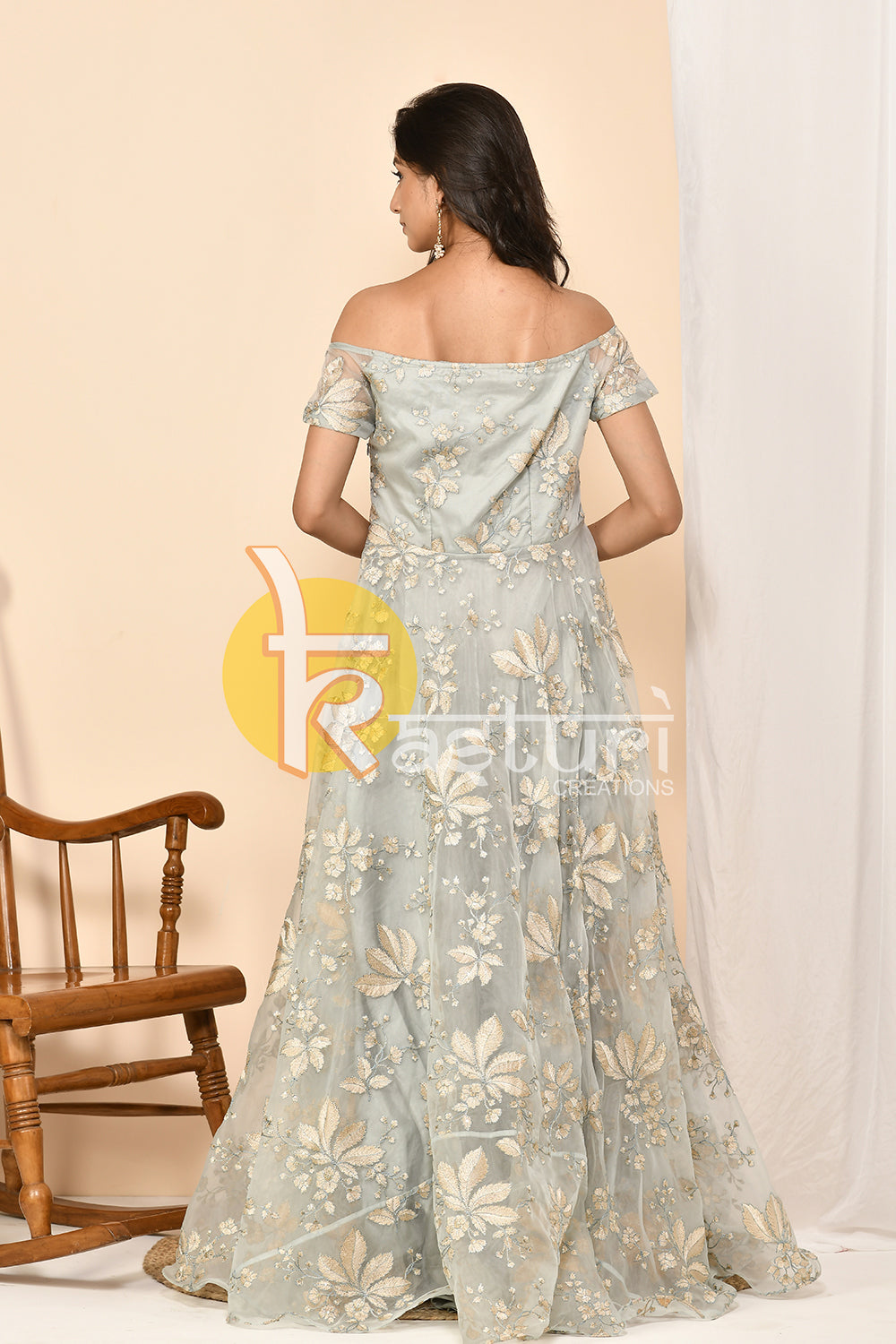 off shoulder anarkali dress Off White Floral Embroidered Organza Anarkali