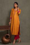 Bhagalpuri katan three piece dupatta suit with embroidered neckline.