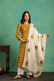Ajrakh handblock pure cotton kurta and dupatta set with embroidered  necklineand a white cotton bottom.