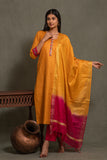 Bhagalpuri katan three piece dupatta suit with embroidered neckline.