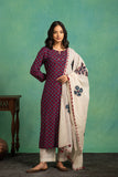 Ajrakh Handblock Pure Cotton Kurta and Dupatta Set with Embroidered  Neckline and a white Cotton Bottom.