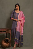 Bhagalpuri katan three piece dupatta suit with embroidered neckline.