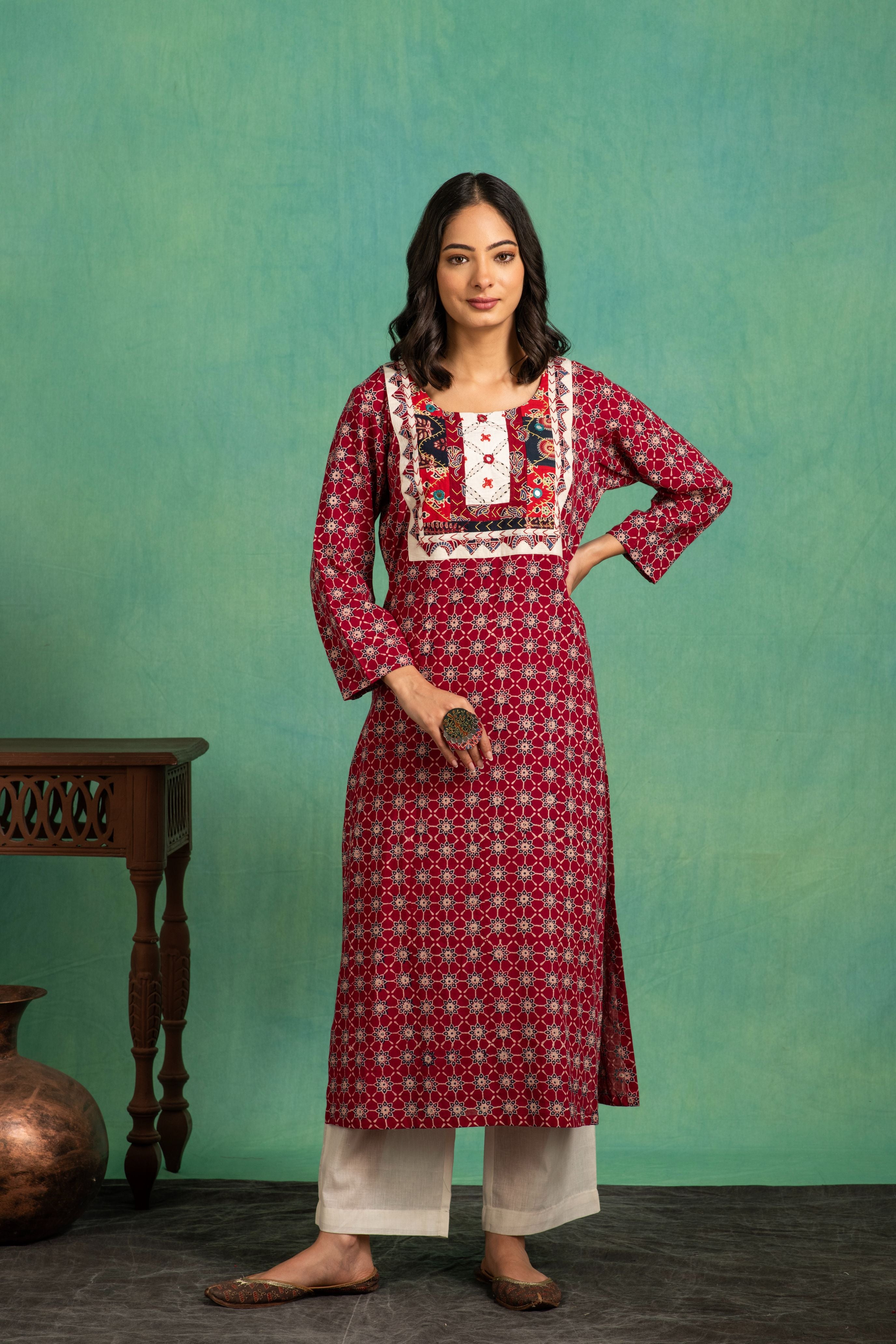 Ajrakh handblock pure cotton shirt with embroidered yoke and a white bottom