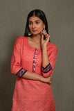 Bhagalpuri katan three piece dupatta suit with embroidered neckline.