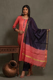 Bhagalpuri katan three piece dupatta suit with embroidered neckline.