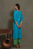 Bhagalpuri katan three piece dupatta suit with embroidered neckline.