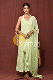 Green light embroidered anarkali kurta set with dupatta