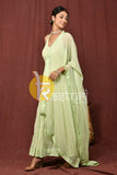 Green light embroidered anarkali kurta set with dupatta