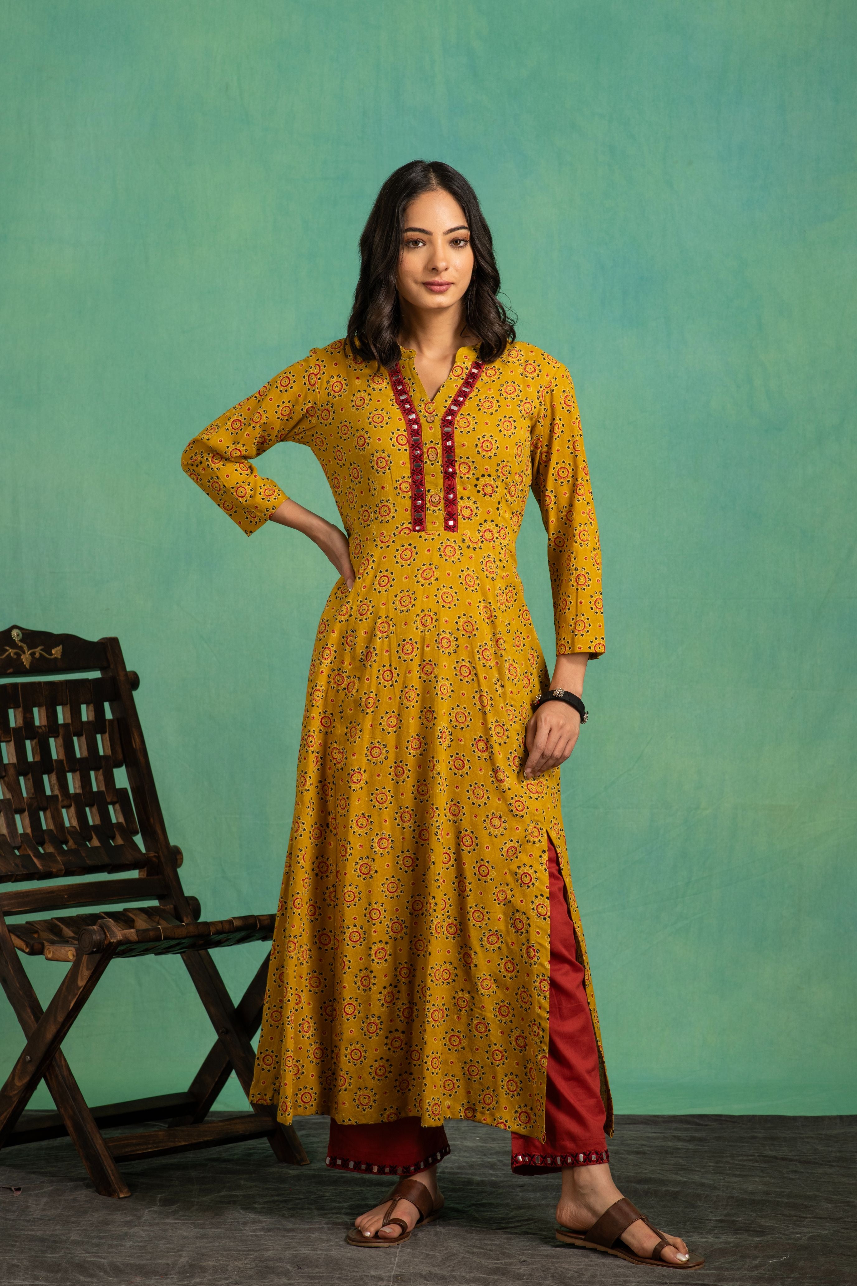 Ajrakh handblock pure cotton flaired top with embroidered neckline