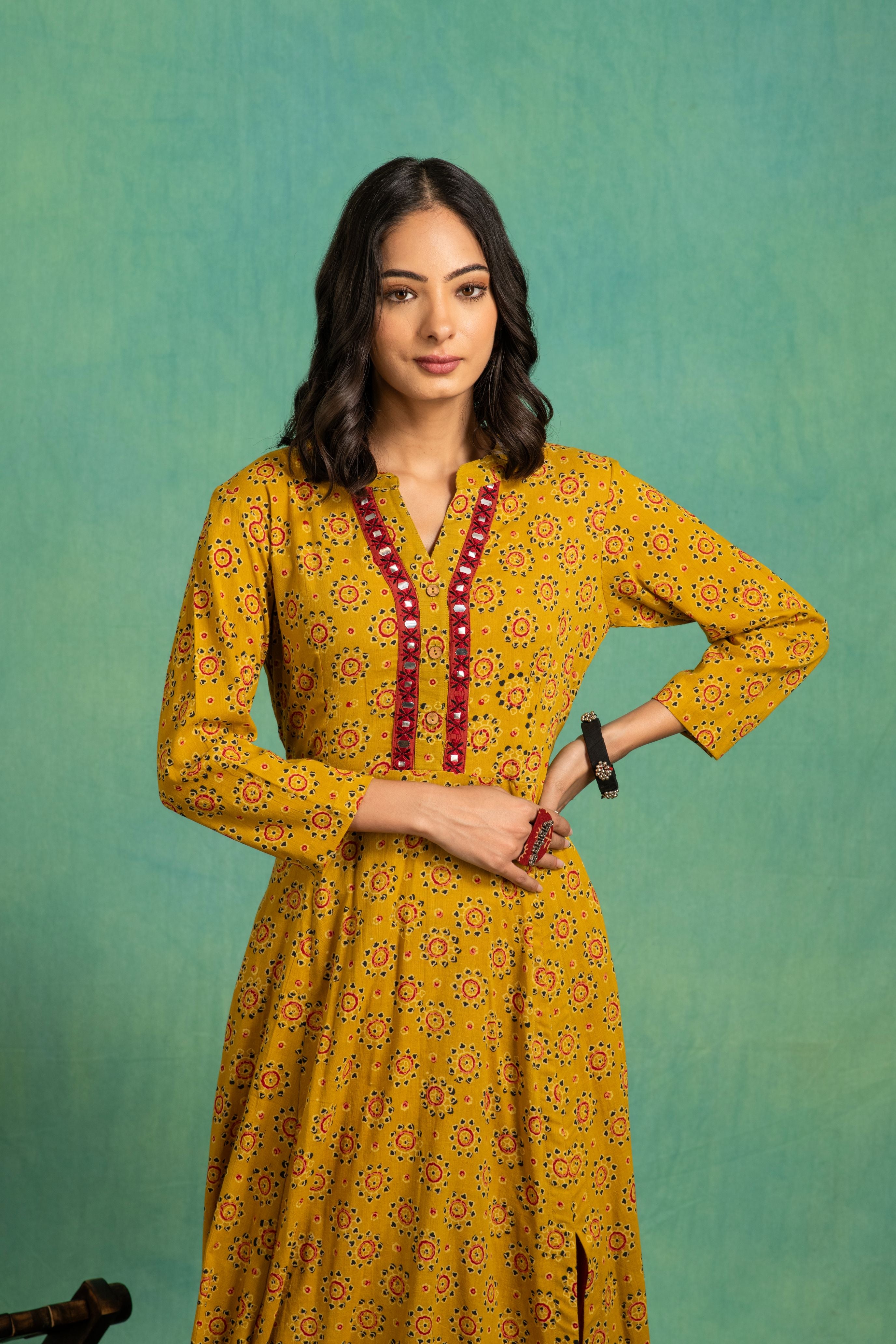 Ajrakh handblock pure cotton flaired top with embroidered neckline