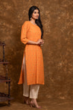 Double Ikkat 3 Piece Suit Orange Ikkat Kurta White Pant Set with contrasting Orange/Green Dupatta